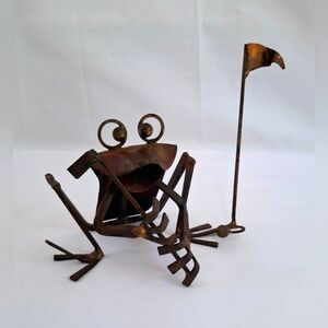 Vintage Brass Copper Golfing Golfer Frog Tramp Art Sculpture